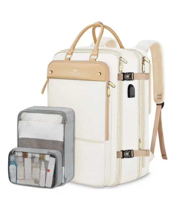 Mochila de Viagem Feminina Matein – 52L, Bege, Para Notebook , Antifurto, Impermeável