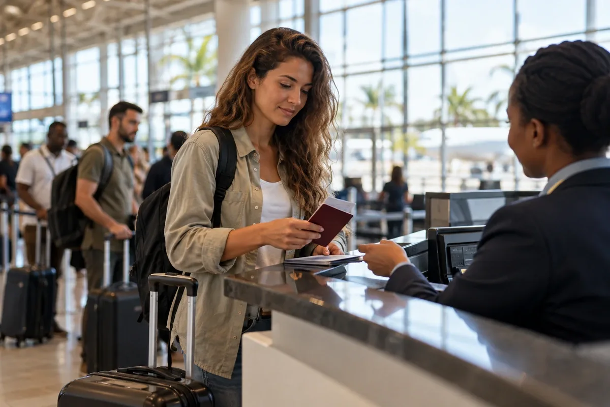 Viajante com mala e passaporte no saguão de um aeroporto, em imagem editorial sobre o seguro obrigatório de entrada na Tanzânia