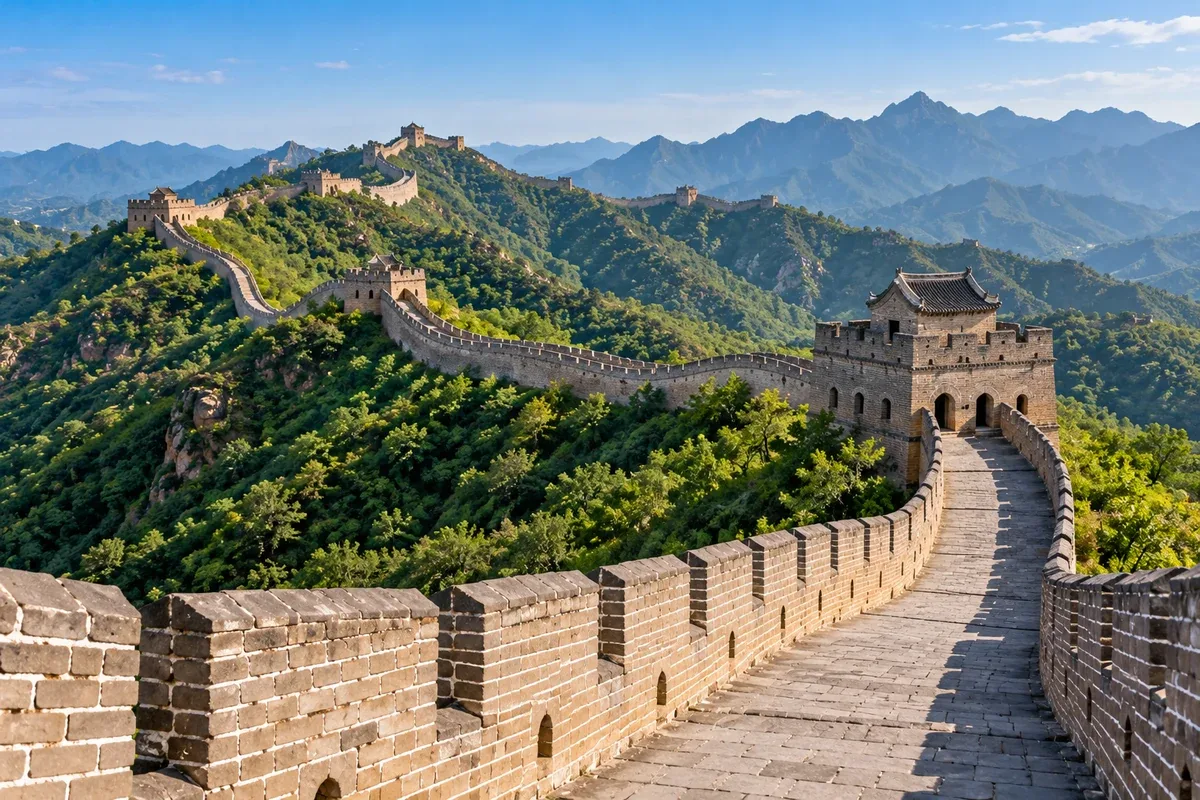 Vista da Grande Muralha da China sobre montanhas verdes, com torres de pedra e céu azul; imagem editorial ilustrativa