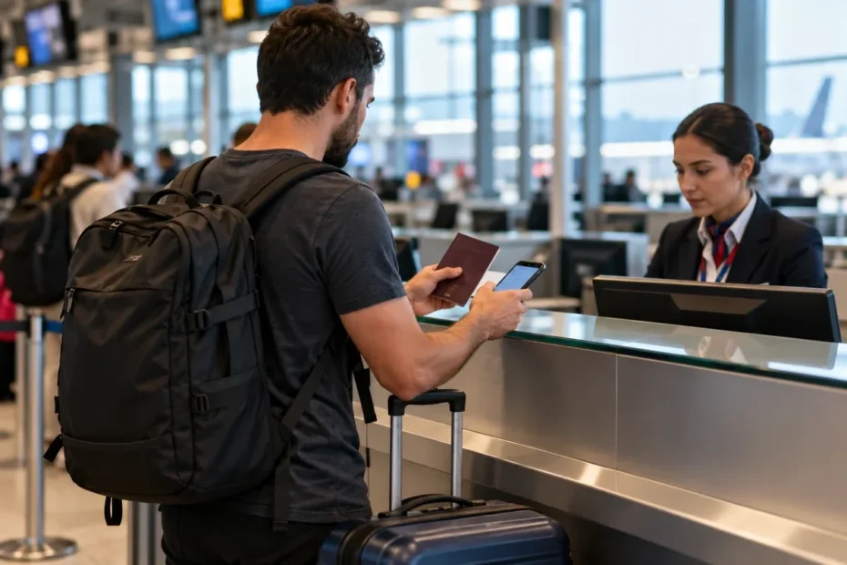 Viajante com passaporte e celular no balcão de embarque de aeroporto, com mala; imagem editorial ilustrativa sobre seguro de entrada no Quênia