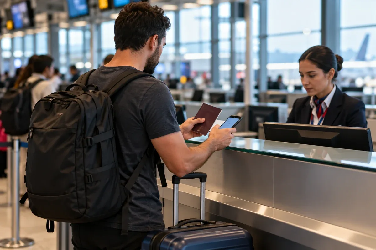 Viajante com passaporte e celular no balcão de embarque de aeroporto, com mala; imagem editorial ilustrativa sobre seguro de entrada no Quênia