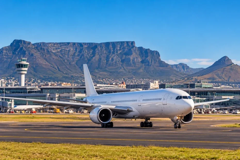 Aeronave de passageiros em aeroporto da Cidade do Cabo, com a Table Mountain ao fundo; cena editorial ilustrativa da ampliação de voos
