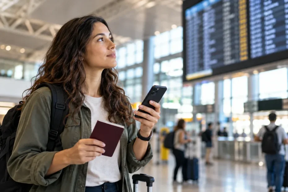 Viajante consulta informações de viagem com passaporte e celular em aeroporto, em ilustração editorial sobre autorização eletrônica da África do Sul