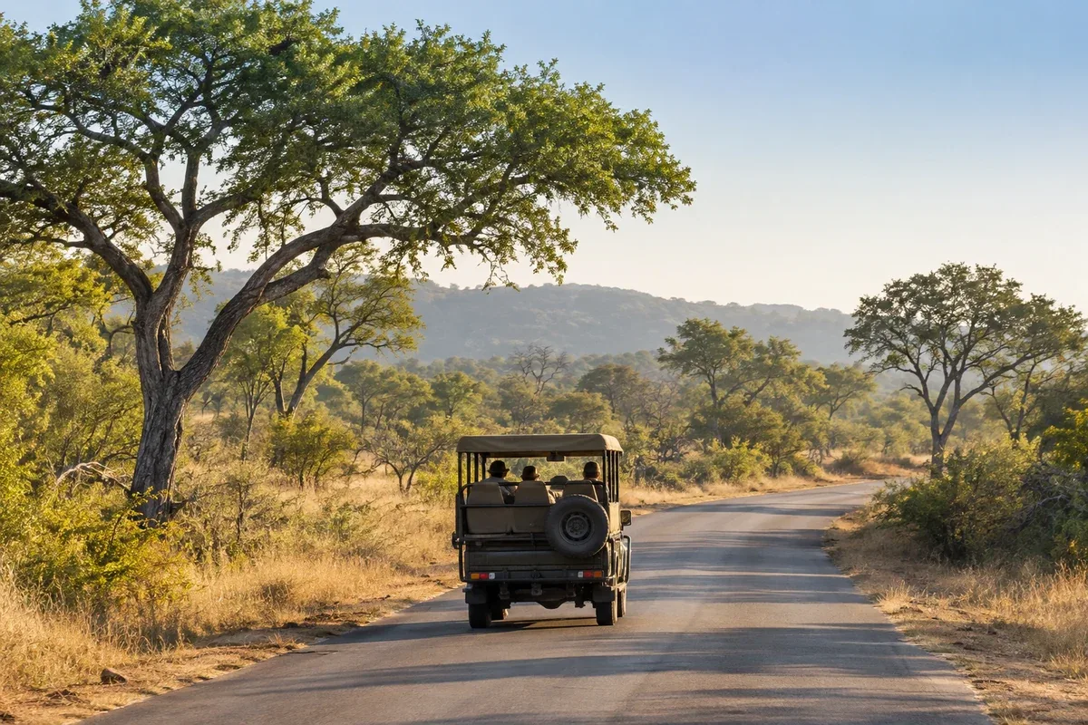 Veículo de safári em estrada do Parque Kruger com paisagem de savana sul-africana, imagem editorial sobre a taxa de conservação
