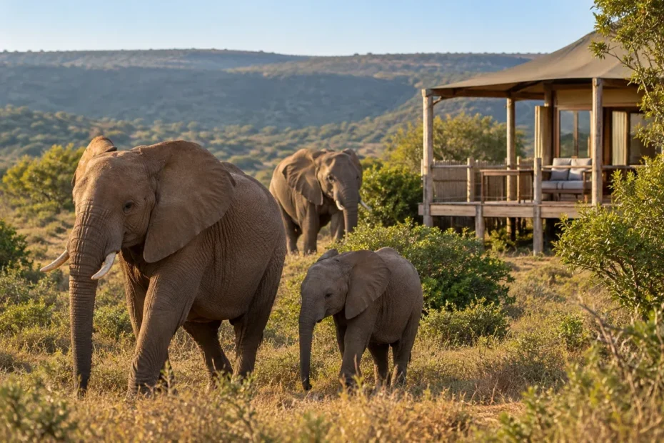 Elefantes em paisagem de savana no Cabo Oriental, cena editorial ilustrativa sobre o Parque Addo
