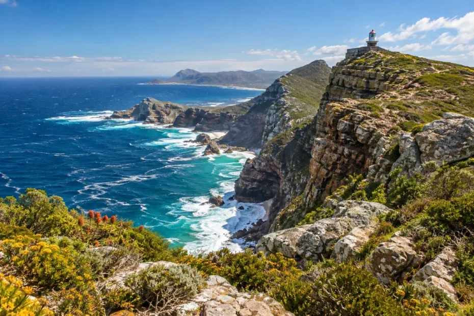 Costa rochosa e vegetação da Península do Cabo, imagem editorial ilustrativa para roteiro de Cape Point e Boulders