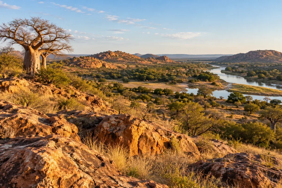 Paisagem de arenito e baobás no Limpopo, cena editorial ilustrativa da região de Mapungubwe, sem representar o museu em reforma