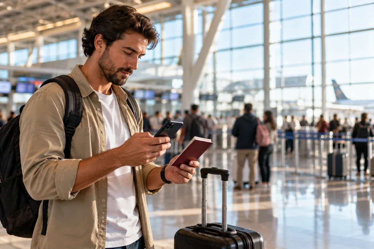 Turista com passaporte e mala consulta o celular no aeroporto antes do embarque para a África do Sul