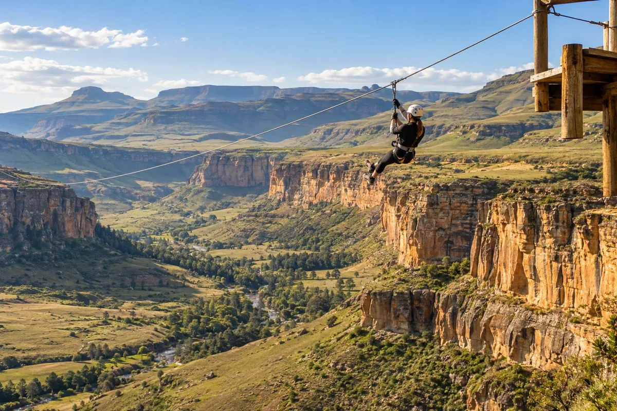 Pessoa em tirolesa sobre paisagem montanhosa de arenito na África do Sul, cena editorial ilustrativa sem alegar registro do equipamento de Golden Gate