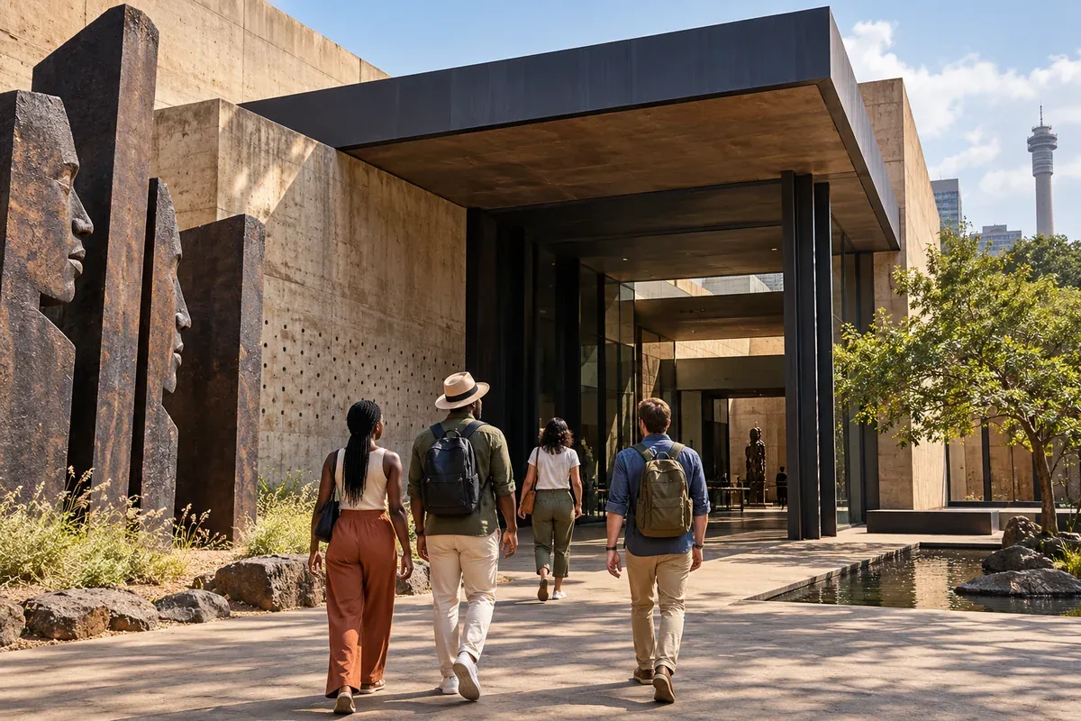 Ilustração editorial de visitantes diante de um museu contemporâneo em Joanesburgo; não é registro da fachada do Museu do Apartheid