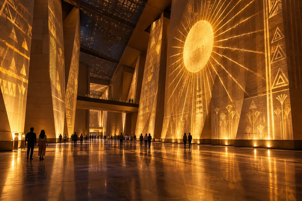 Ilustração editorial de um salão de museu egípcio contemporâneo com projeções de luz; não é fotografia da apresentação Eternal Sun
