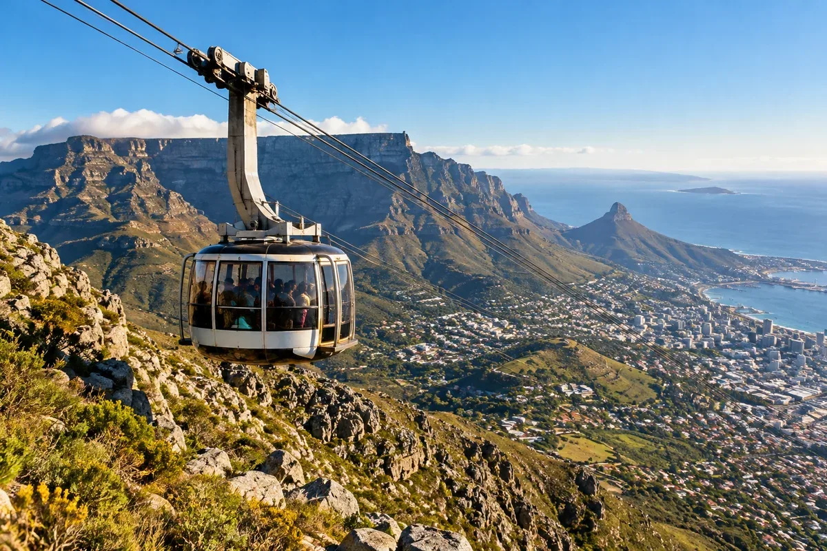 Cabine do teleférico da Table Mountain acima da Cidade do Cabo, com a montanha e o litoral ao fundo