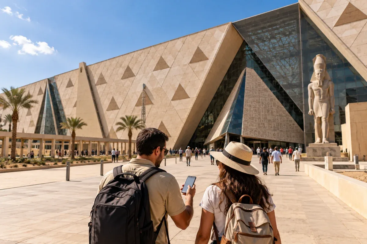Turistas com celular caminhando em direção à entrada do Grande Museu Egípcio, em Gizé, em uma cena editorial ilustrativa