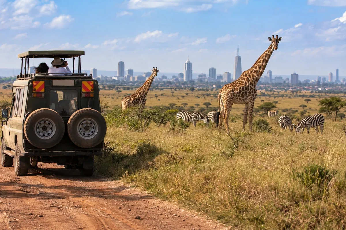 Veículo de safári observando girafas em área de savana do Parque Nacional de Nairóbi, com prédios da cidade ao longe; imagem editorial ilustrativa
