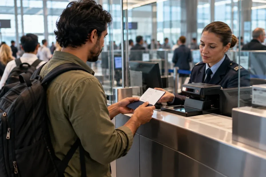 Viajante apresentando passaporte no controle de fronteira de um aeroporto europeu, com agente de imigração e equipamento de verificação biométrica; cena editorial ilustrativa