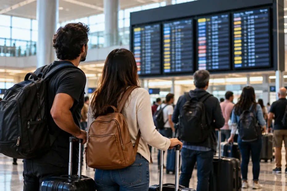 Viajantes aguardam informações em um aeroporto, diante de um painel de voos; fotografia editorial ilustrativa