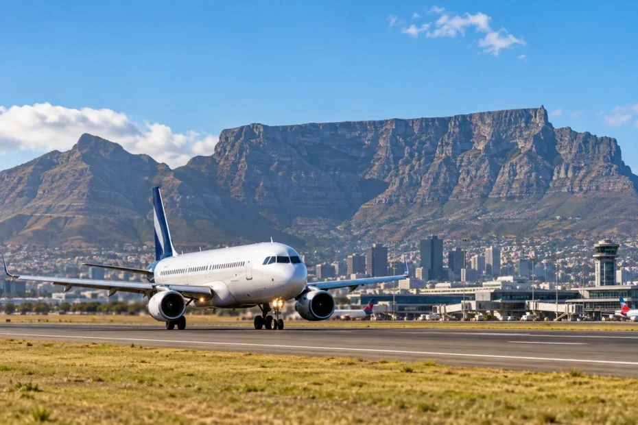 Aeronave de passageiros no aeroporto com a Table Mountain e a Cidade do Cabo ao fundo; imagem editorial ilustrativa