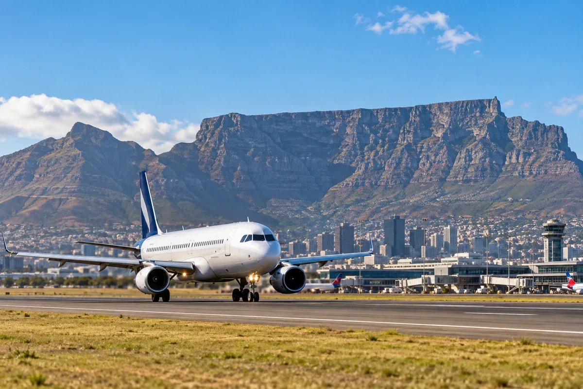 Aeronave de passageiros no aeroporto com a Table Mountain e a Cidade do Cabo ao fundo; imagem editorial ilustrativa