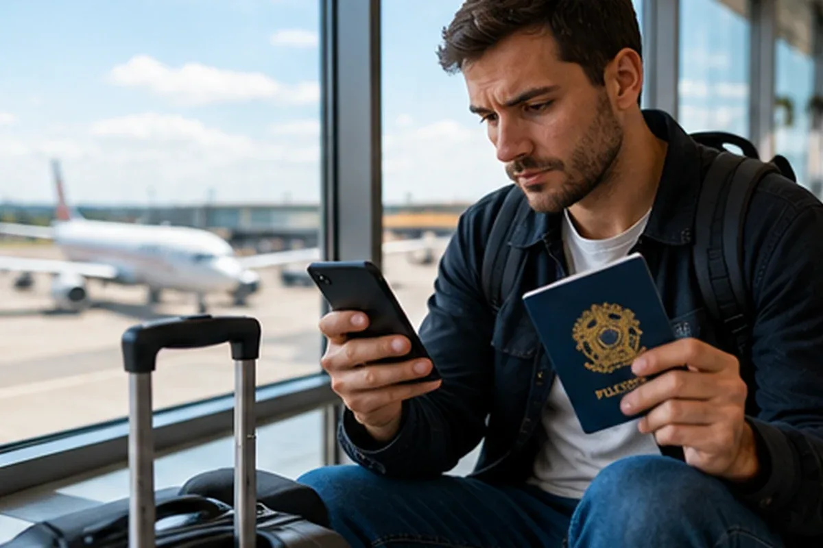 Viajante consulta documentos e passaporte no aeroporto enquanto usa o celular